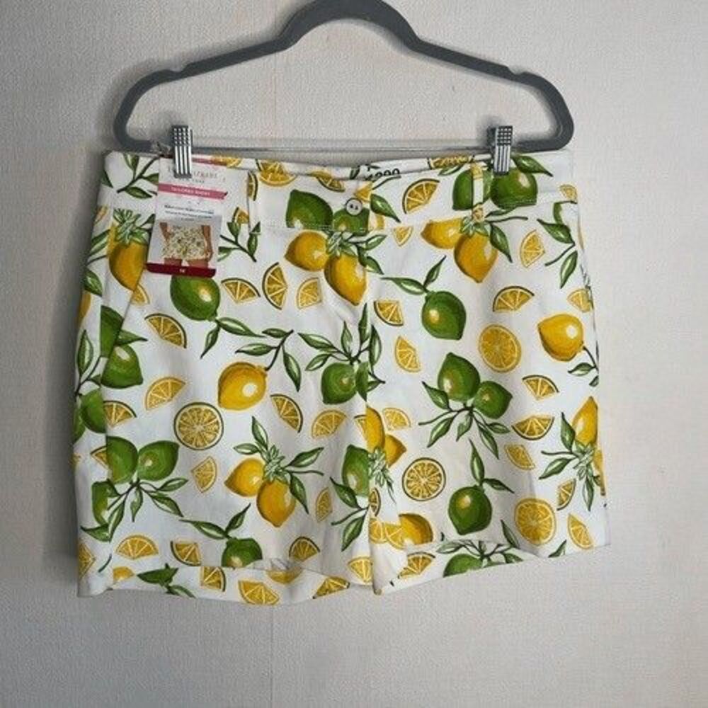 NWT Isaac Mizrahi Chino Tailored Shorts Women Size 14 White/Yellow Lemon‎ Lime